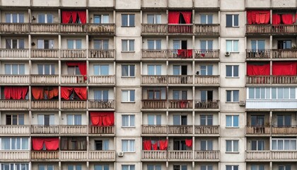 Apartment building facade with red drapes