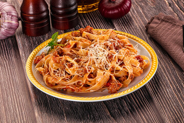 Italian pasta bolognese with beef minced meat