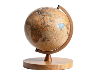 Modern Minimalist Cork Globe on Wooden Stand, Side Angle, Isolated on Transparent Background