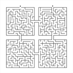 Maze with 4 square sections – black and white vector puzzle in clean line art style, printable logic game for kids and adults, ideal for worksheets, coloring pages, and activities