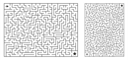Rectangular maze with solution – black and white vector puzzle from corner to corner, clean line art, printable logic game for activity books and worksheets