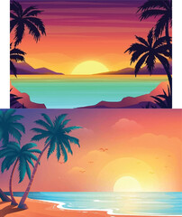 Premium Summer Illustration - Luxury Summer Beach Background with Golden Sand and Calm Sea - Realistic Summer Beach Illustration with Umbrella and Surfboard