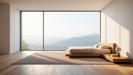 A spacious, minimalist bedroom features a low wooden bed and a bedside lamp. Large windows provide a stunning view of rolling mountains bathed in morning light, creating a peaceful ambiance.