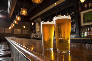 Two beers on bar top at pub with lights and bottles in background stock photo