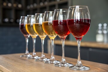 Wine tasting event with different wine glasses on the table in a row view