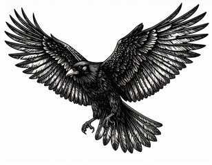 Obraz premium Black Crow in Flight: Monochrome Bird Illustration