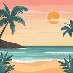 Premium Summer Beach Background with Clear Sky and Gentle Waves - High-Quality Tropical Beach Illustration with Palm Trees and Sunlight - Elegant Sunset Beach Scene
