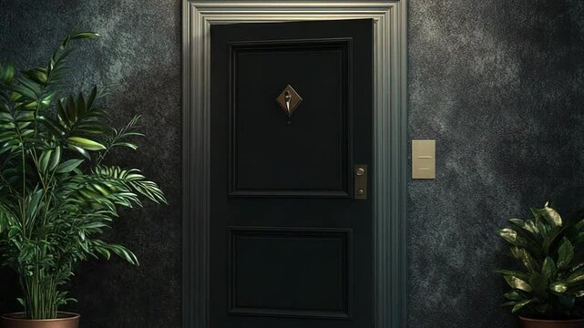 Elegant green door with potted plants and checkered floor