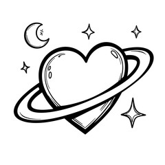 Heart-shaped planet with orbiting moon – Cute hand-drawn coloring design for kids