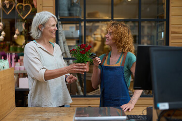 Florist scanning red flowers for senior woman customer in flower shop