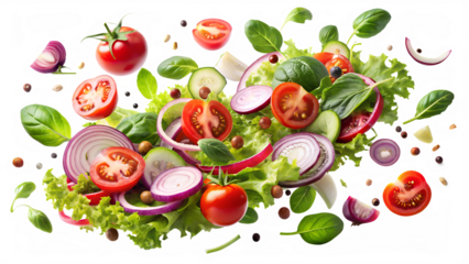 Significance of salad ingredients, flying vegetables and tomato slices isolated on a transparent background