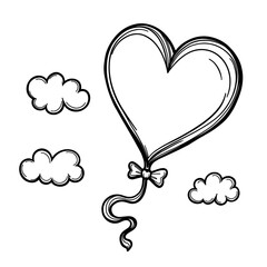 Heart-Shaped Kite Flying in Sky, Kids Coloring Book Design