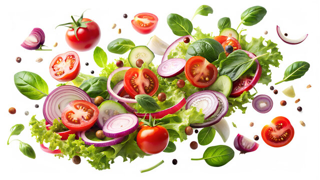 Significance of salad ingredients, flying vegetables and tomato slices isolated on a transparent background