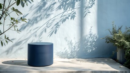 Empty modern glossy baby blue round podium table