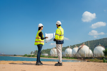 Mechanical engineer working and inspection gas pipeline system new construction project of industrial.
