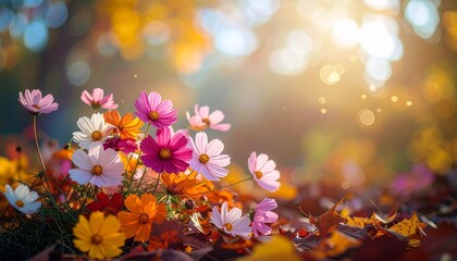 陽光きらめく秋の庭：コスモスと紅葉の競演Generated image