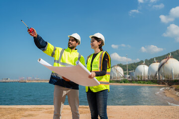 Mechanical engineer working and inspection gas pipeline system new construction project of industrial.
