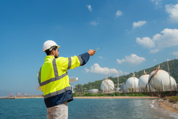Mechanical engineer working and inspection gas pipeline system new construction project of industrial.