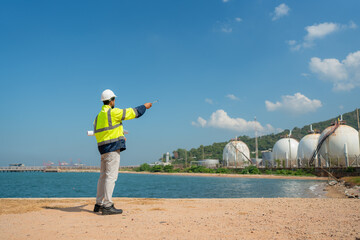 Mechanical engineer working and inspection gas pipeline system new construction project of industrial.