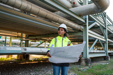 Young mechanical engineer holding blueprint drawing to checking and inspection gas pipeline system new construction project of industrial.