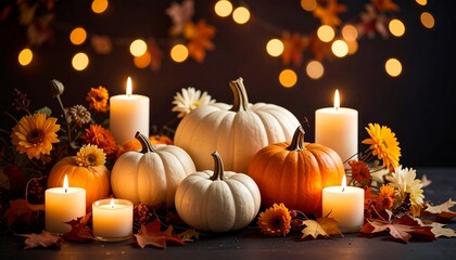 温かい光に包まれるハロウィン：カボチャとキャンドルの飾り付けReference Image