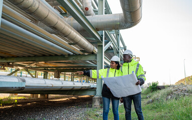 Young mechanical engineer holding blueprint drawing to checking and inspection gas pipeline system new construction project of industrial.