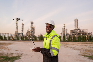 Engineer Specialists Pilot Drone on Construction Site. Architectural Engineer and Safety Engineering Inspector Fly Drone at industrial plant.