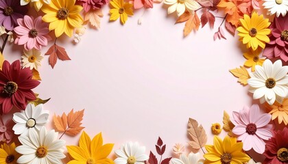 華やかな秋の草花と紅葉：ナチュラルカラーのフラットレイ素材Reference Image