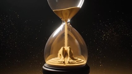 An hourglass floats in a dark space, glowing softly. Golden sand flows steadily from the upper chamber to the lower one and creates the human figure. - Powered by Adobe
