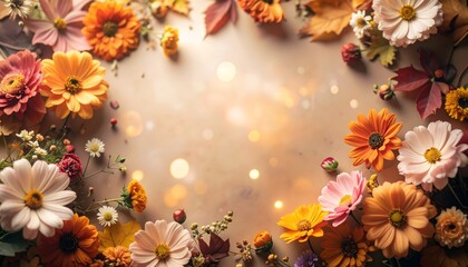 秋の花々のフレーム：柔らかなボケ感と光が彩る背景Generated image