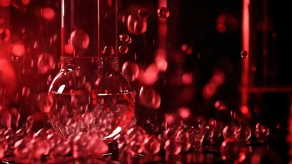 Red liquid pouring into beaker with floating spheres in laboratory setting - Powered by Adobe