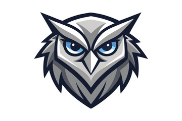 Isolated grey owl gazes intensely with piercing blue eyes on a white background