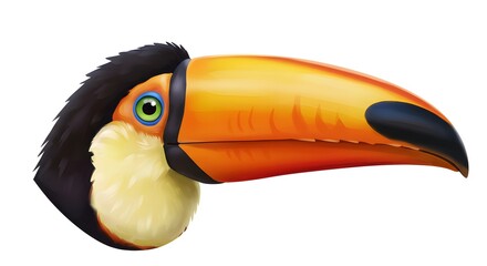 A colorful toucan illustration with a distinctive bill showcasing vibrant feather detail and expressive green eyes on white.