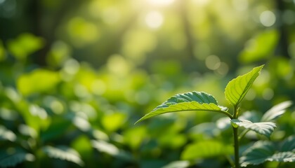 "Fresh Green Leaf with Sunlight on Blurred Garden Background for Nature and Ecology Design