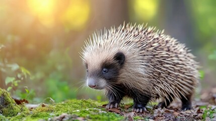 Naklejka premium Young Porcupine Exploring Forest Floor In Natural Habitat. Wildlife And Nature Photography Capturing Animal Behavior
