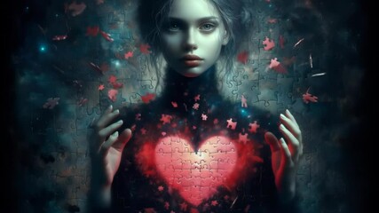 Broken Heart Puzzle - A young woman holds a fragmented, glowing red heart made of jigsaw puzzle pieces.