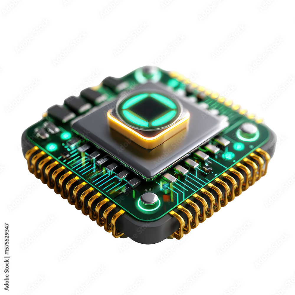 Poster close-up view of a modern microchip showcasing intricate circuitry and glowing elements in a high-te