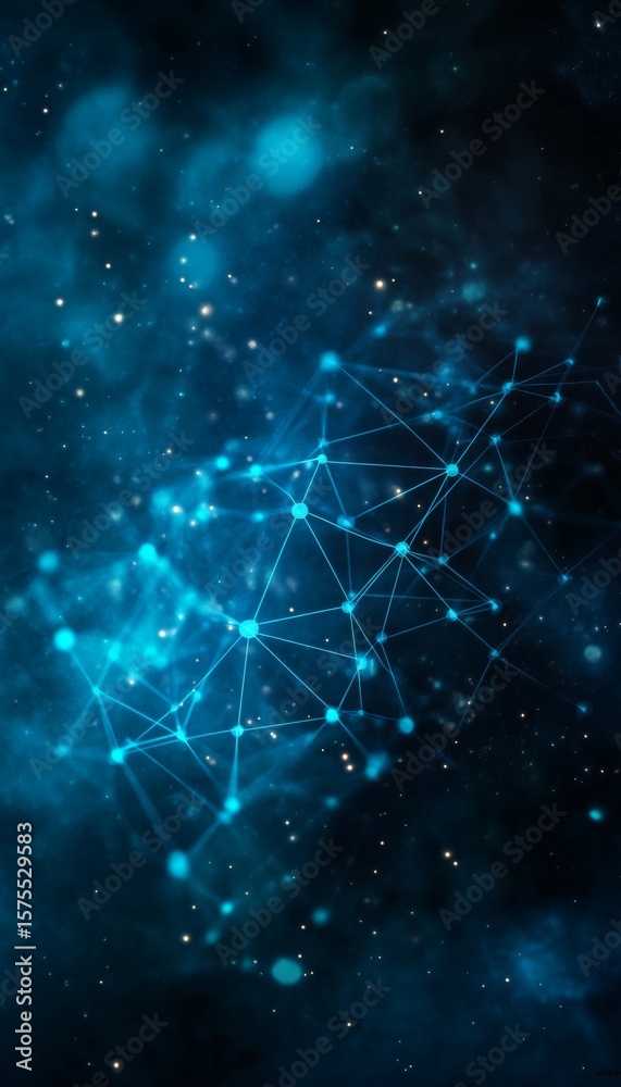 Poster intricate blue network with interconnected nodes and lines on a soft bokeh background design.