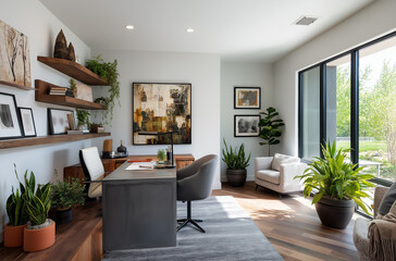 A home office with a grey desk, white walls, and light 