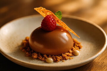 Gourmet Chocolate Mousse Dessert: Elegant Raspberry & Crisp Garnish