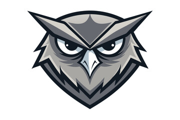 Illustration displays a gray owl face with a sharp beak looking forward sternly on white