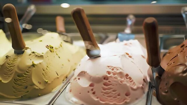 A vibrant display of gelato scoops in various flavors in a glass case