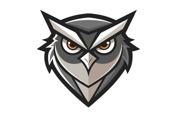 Front facing portrait showcases a grey owl with piercing orange eyes
