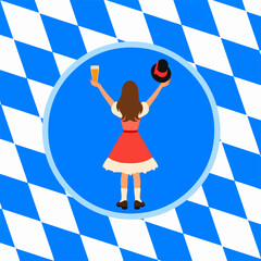 From the series "oktoberfest", girl in red  with a hat in her hand meets or sees someone off, on the background of traditional bavarian pattern with blue and white diamonds	
