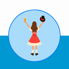 From the series "oktoberfest", girl in red dress with a hat in her hand meets or sees someone off, on the background of traditional bavarian pattern with blue and white strips