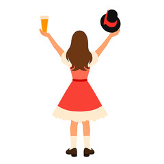 From the series "oktoberfest", a girl  in red dress with a hat in her hand meets or sees someone off, on isolated transparent background