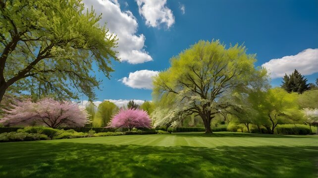 Vibrant spring nature backdrop with a neatly trimmed green lawn, lush trees, and a clear blue sky adorned with soft clouds &mdash; a serene and sunny seasonal landscape.

