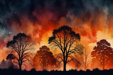 Silhouetted trees against a fiery sky