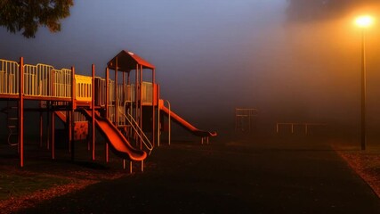 Eerie Playground: Fog-Shrouded Swings and Slides in the Night, Mysterious Atmosphere - Powered by Adobe