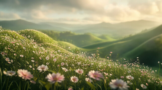 green lawn with white daisies and a beautiful view of the sky	